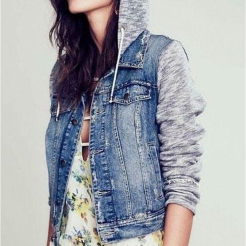Free People - Throwback Distressed Blue Denim Combo Jacket w/ Hood - Picture 2 of 7